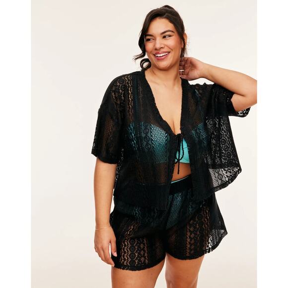 Adore Me Other - Adore Me Nika Set Black Lace Top Short NWT 2X Boxy Top Swim Cover Up Boho Pajama